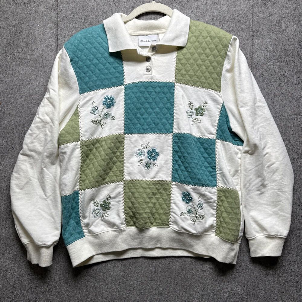 Alfred Dunner Patchwork Sweater Womens L Collared Sweatshirt Floral Cottage